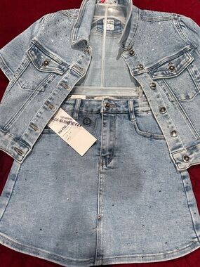 Light Blue rhinestone studded Denim Jacket and Skort